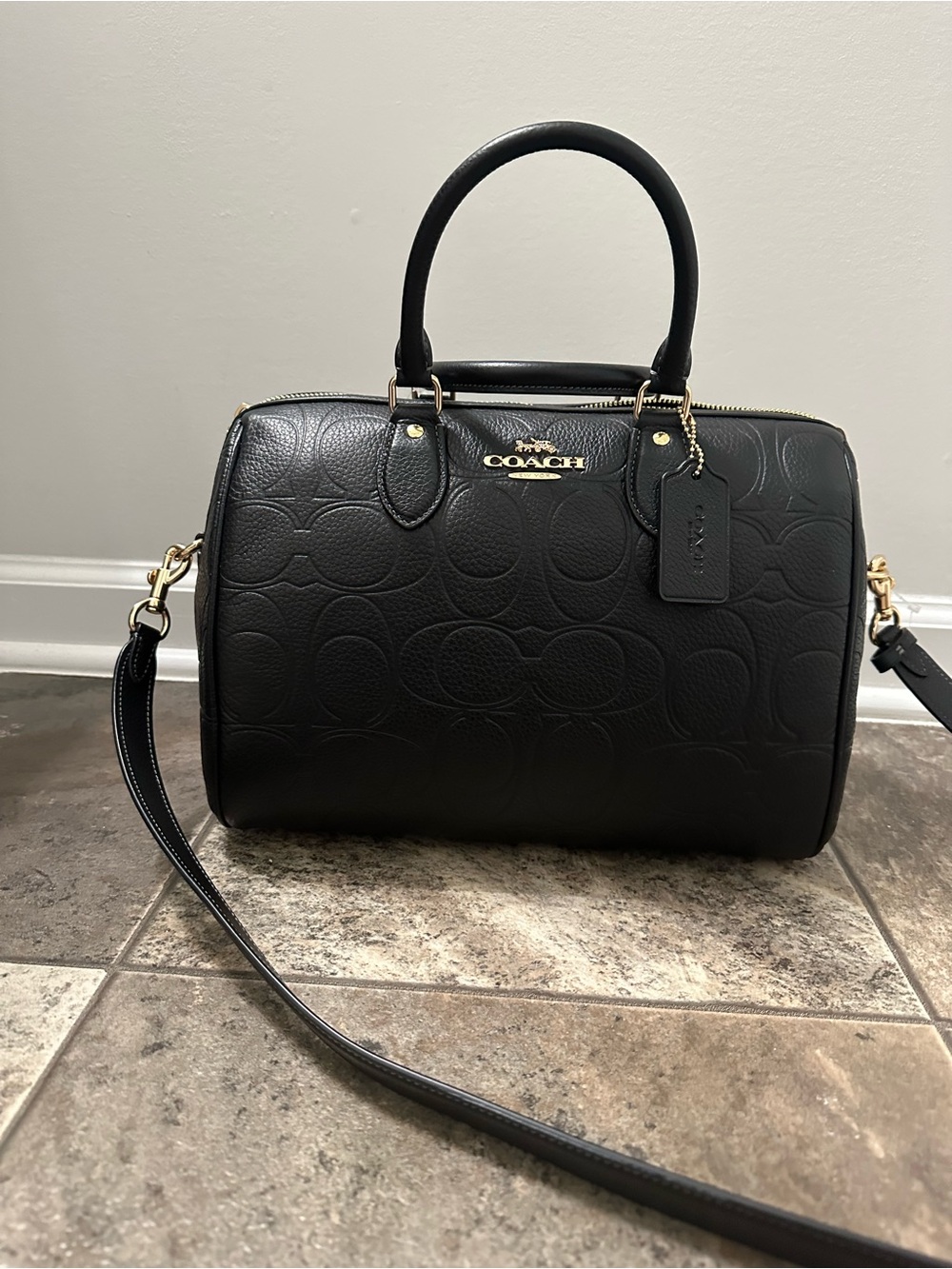 NWT Large Coach Black Embossed Pebbled Leather Satchel with Gold Hardware - Picture 2 of 9